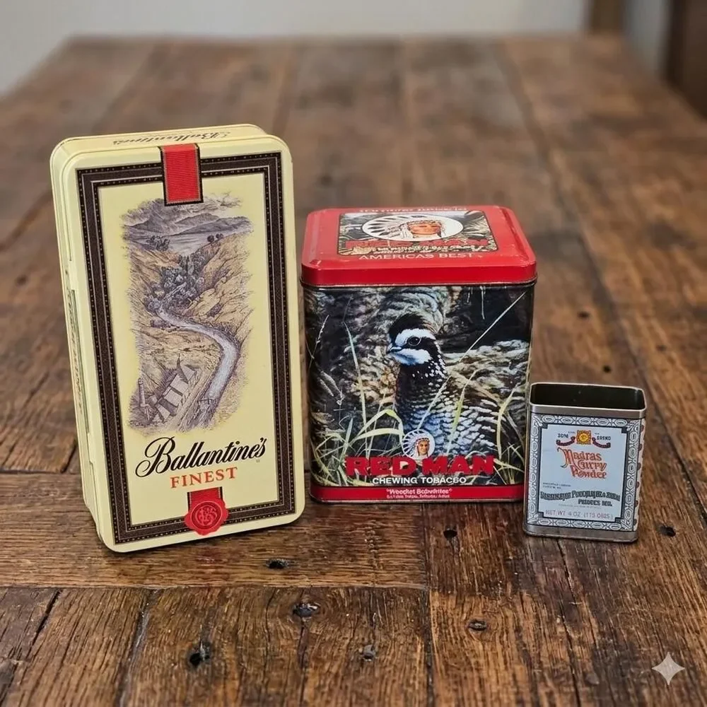 Vintage Ballantines, Red Man, Madras Curry Tins: Country Primitive Decor